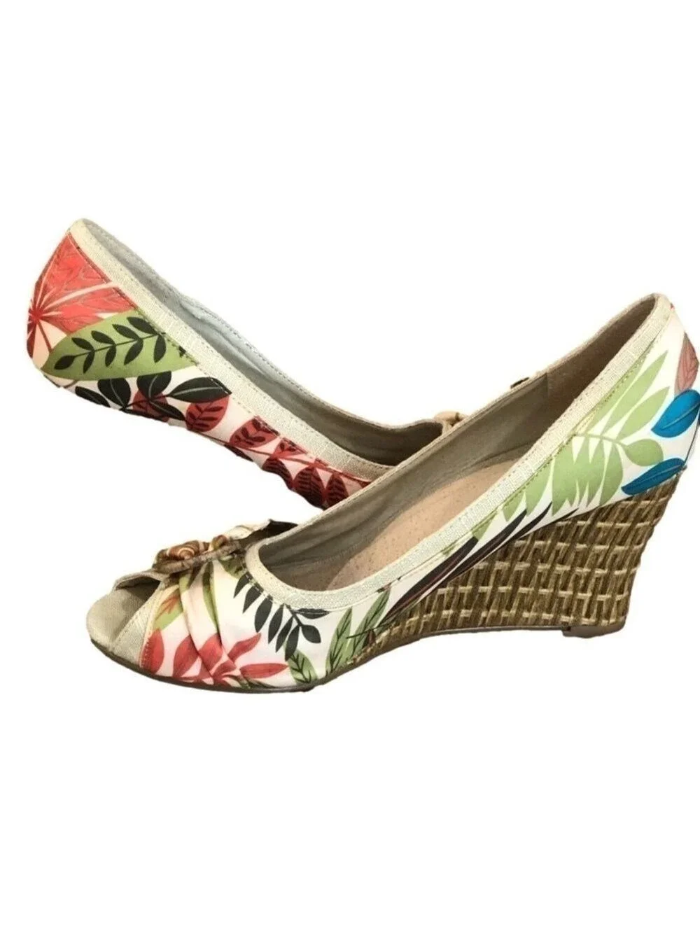 RESTRICTED tropical print peep-toe espadrilles. Leather and fabric. Size 9